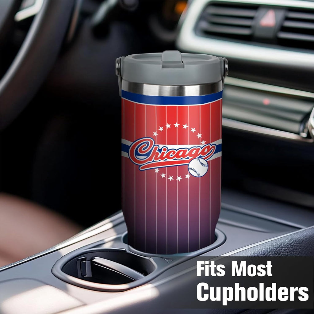 30oz Chicago Tumbler with Handle and Straw, Chicago Gifts for Men, Stainless Steel Vacuum Insulated Flip Straw Spill Proof Travel Mug Cup