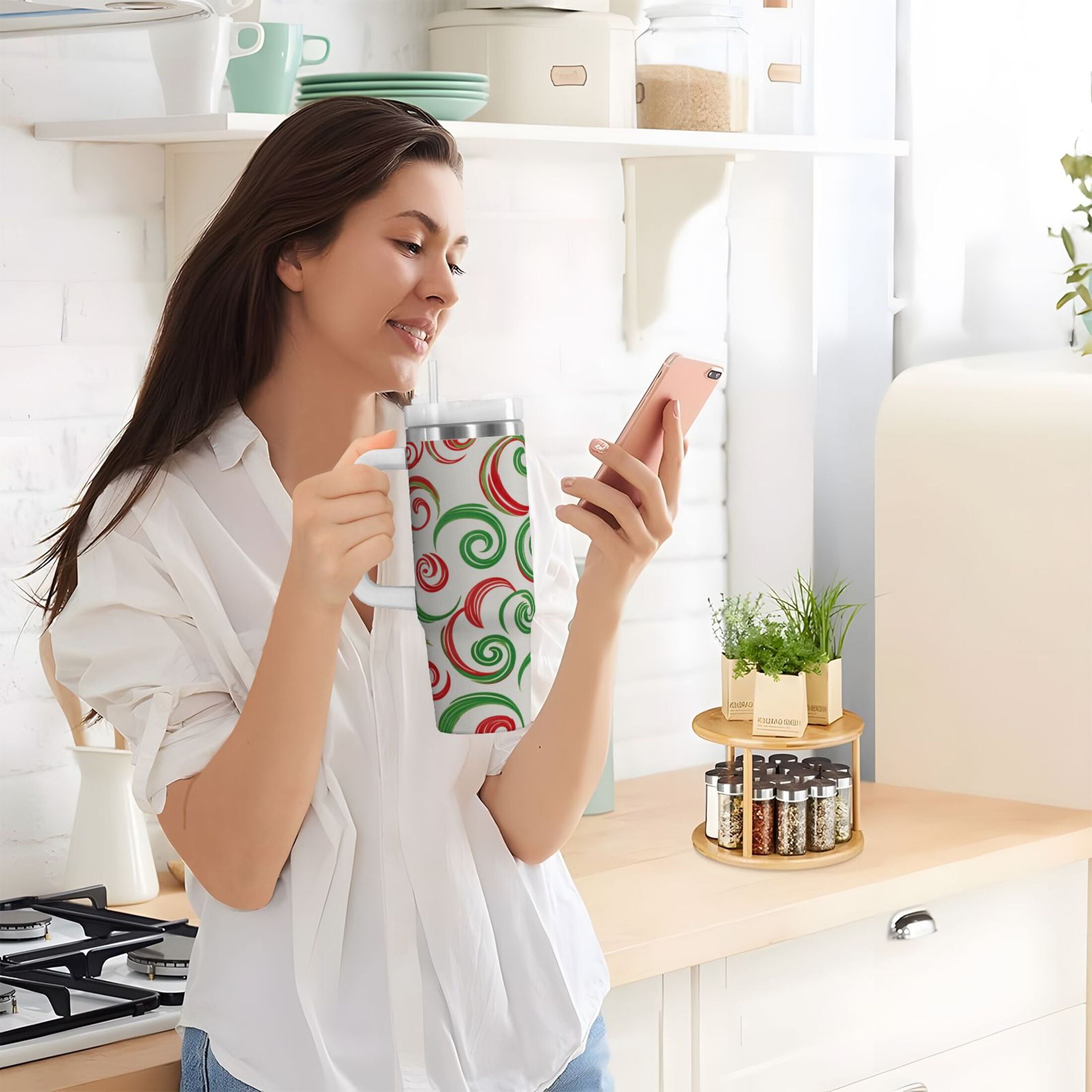 40 oz Insulated Stainless Steel Tumbler Double Wall Stainless Steel Tumbler with 2-Way Drinking Red and Green Swirls