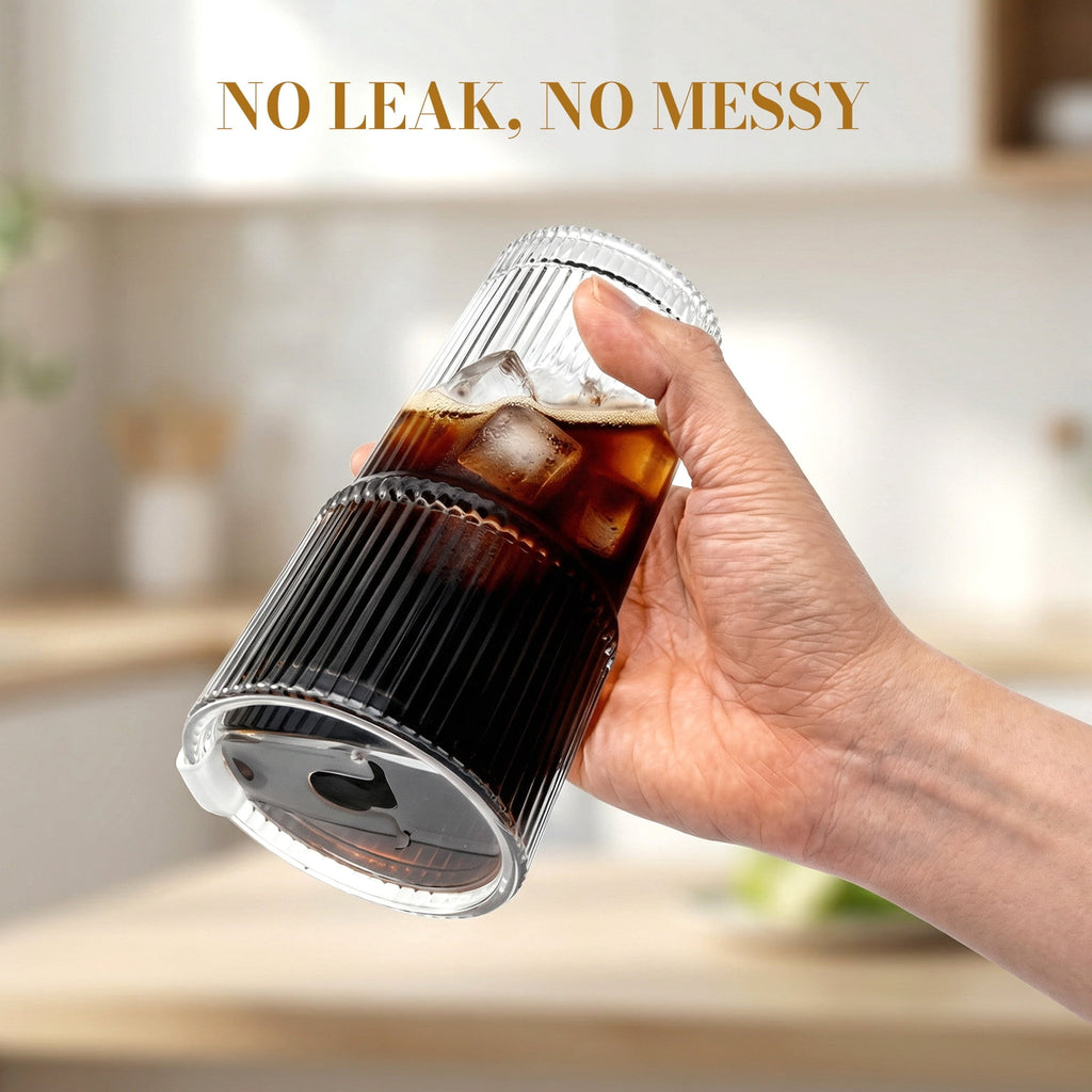 2 Pack Ribbed Glass Tumblers with Lids and Straws, 20oz Vintage Iced Coffee Cups, Clear Drinking Glasses