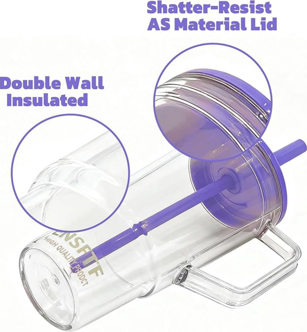 40 oz Insulated Clear Tumbler with Handle, Lid, and Straw — Reusable, Suitable for Hot & Cold Drinks, Double-Walled Plastic Water Bottle | Crystal Clear | Purple