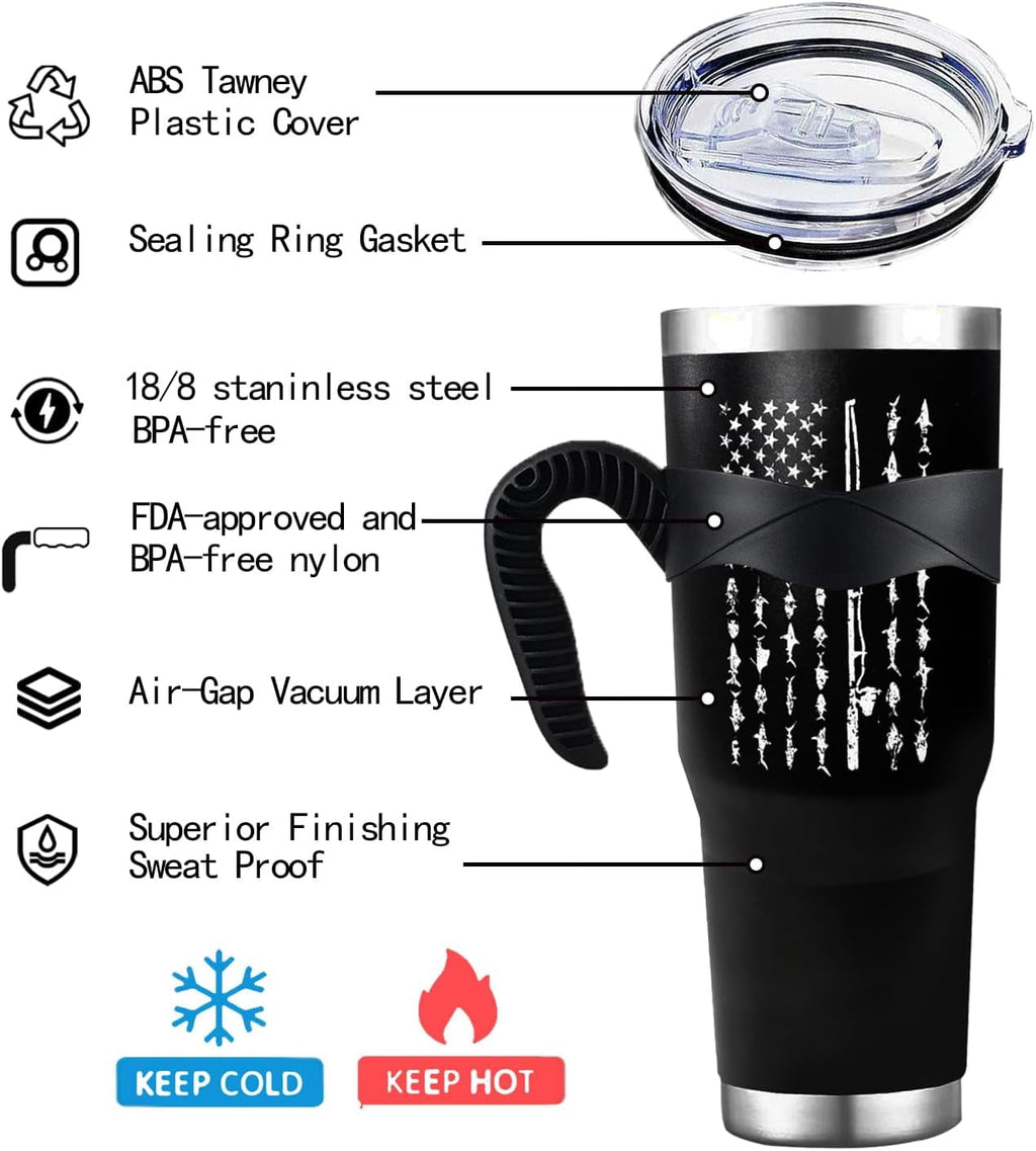 40 oz Tumbler With Handle,Fishing Gifts for Men, Fishing American Flag Stainless Steel Cups Mug Vacuum Insulated Stainless Steel Tumbler with handle,Fishing stuff supplies accessories