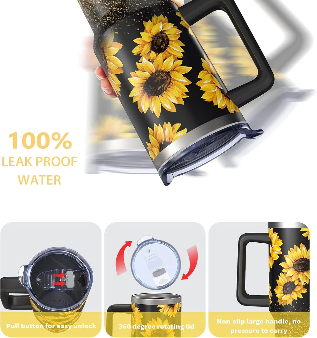 Sunflower Gifts Cup for Women Girls, 40oz Tumbler with Handle and Straw Lid, Stainless Steel Double Walled Insulated Mug Water Bottle, Sun Flowers Floral Lover Birthday Gift Idea