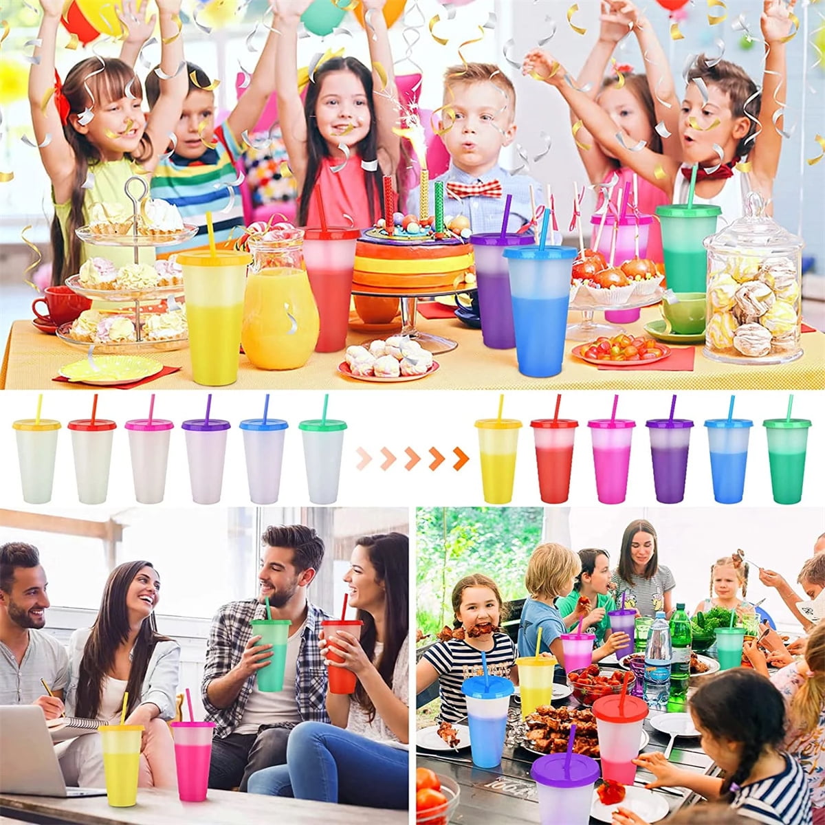 Reusable Plastic Tumblers with Lids & Straw 7Pcs 24 oz Color Changing Cups for Adults Kids Women, Iced Cold Straw Drinking Tumbler Kids Party Cups
