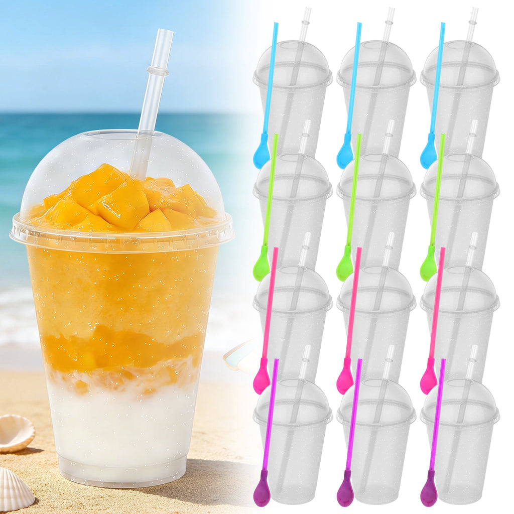 12 Sets Slushy Maker Cup Plastic Cup Slushie Cups with Dome Lids and Straws Reusable 16 oz Plastic Iced Coffee Cups Smoothie Tumbler for Birthdays Summer Party Supplies