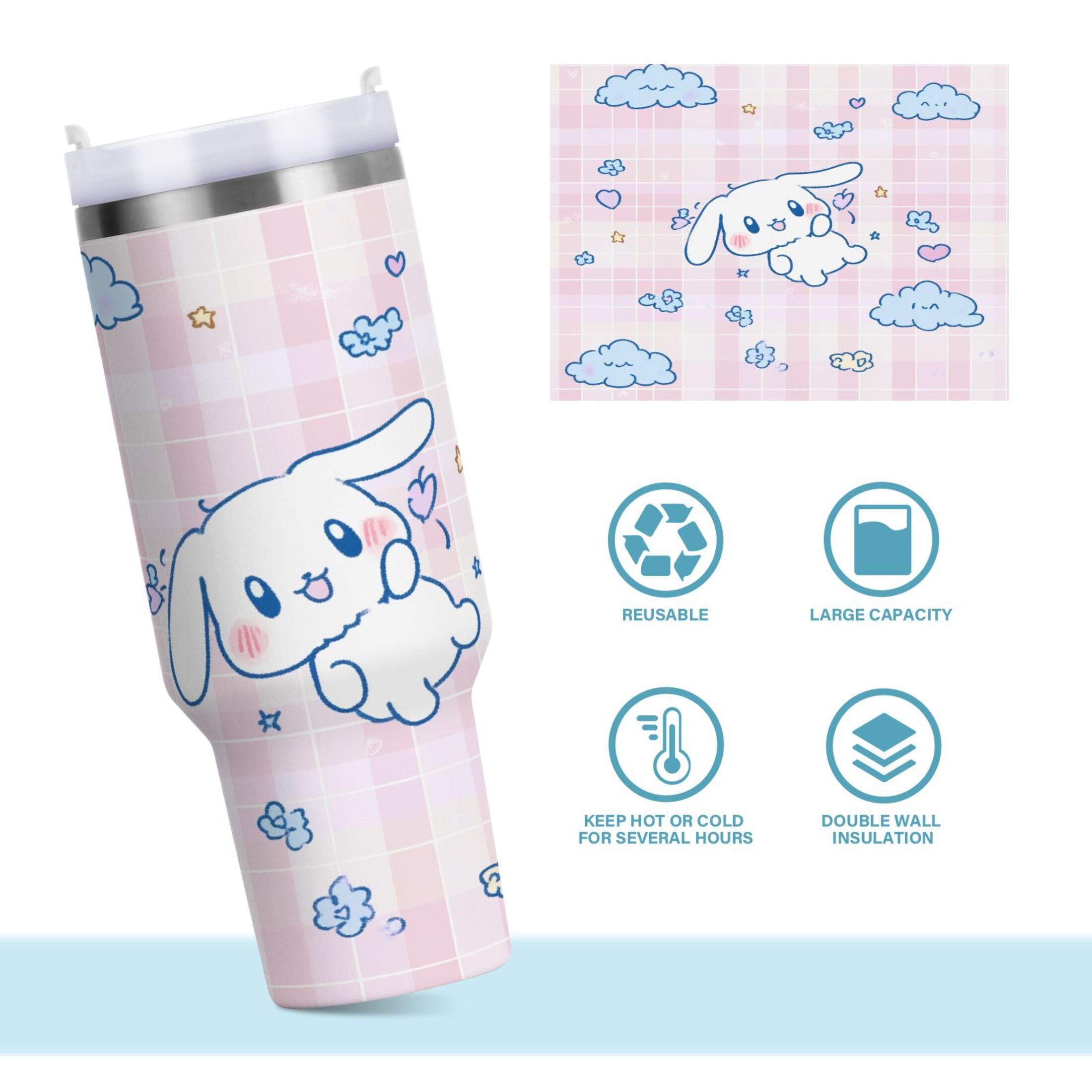 Cinnamoroll Flying in Sky Tumbler with Handle and Straw Lid 30 oz Insulated Vacuum Water Bottle Stainless Steel Travel Cup