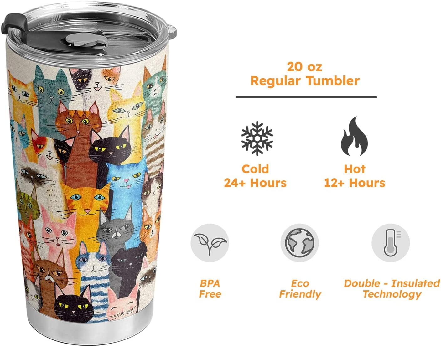 20oz Cat Gifts for Cat Lovers, Cat Gifts for Women, Cat Mom Gifts for Women, Birthday Gifts, Valentines Day Gifts for Her Colorful Drawing Cat Tumbler Cup, Insulated Travel Coffee Mug with Lid