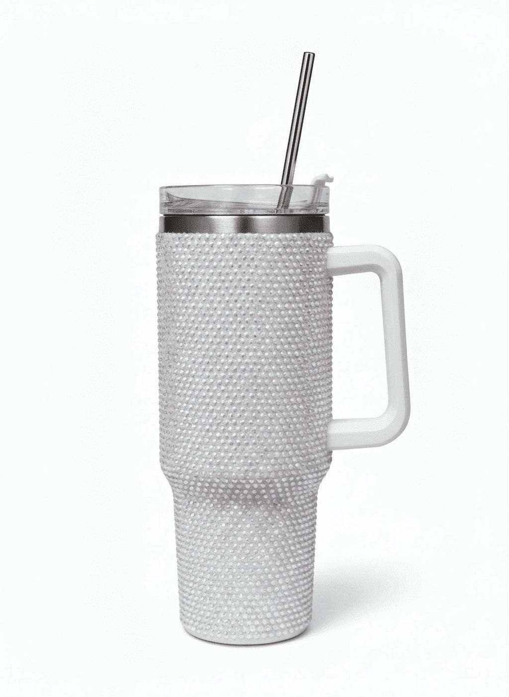 Thirstee 40 oz Rhinestone Tumbler with Handle and Metal Straw Lid, White Bling Insulated Travel Mug