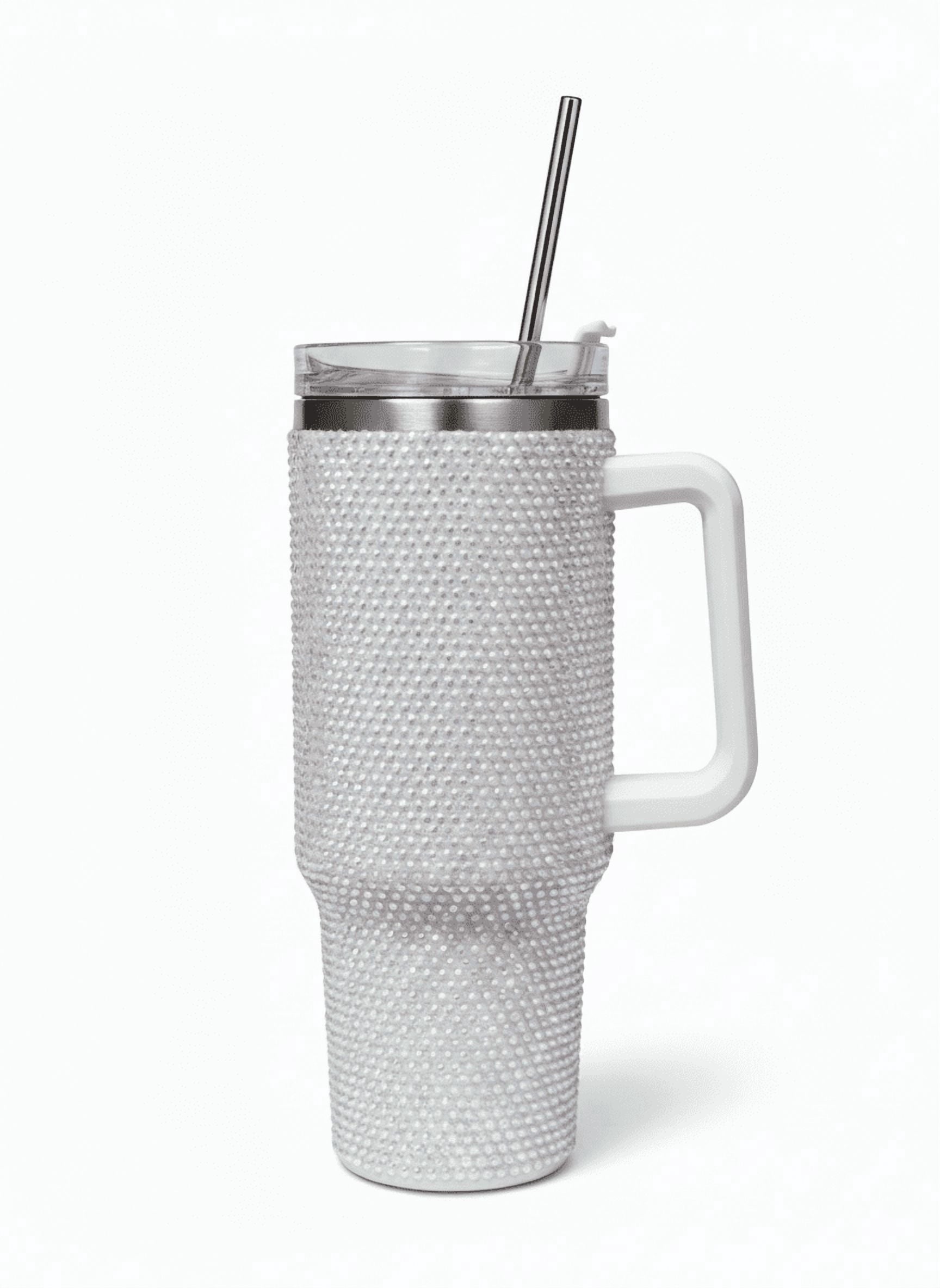 Thirstee 40 oz Rhinestone Tumbler with Handle and Metal Straw Lid, White Bling Insulated Travel Mug