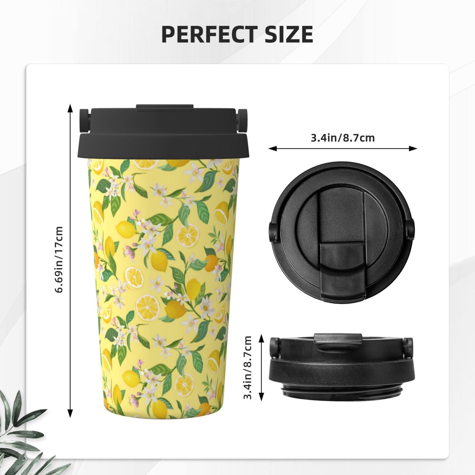 Rateoe Lemon (2) Pattern Travel Coffee Mug Tumbler with Flip Lid | Reusable Insulated Stainless Steel Cold Brew Iced Coffee Cup Thermos