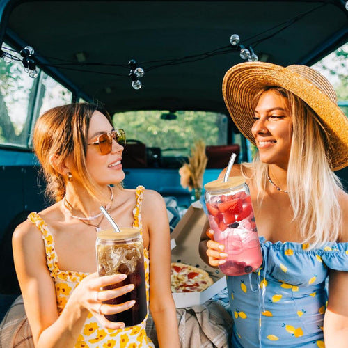 20 Oz Glass Cups with Lids and Straws 2Pcs,Glass Iced Coffee Cups,20 Oz Glass Tumbler with Bamboo Lid and Straw for Smoothie,Cocktail Beer, Whiskey,Soda(2 Clean Brush)