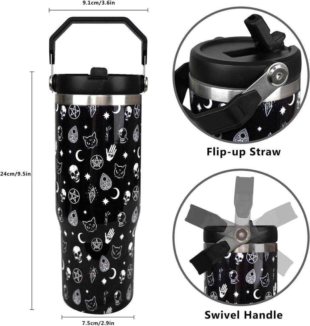 Gothic 30 oz Tumbler with Handle and Flip Straw，Stainless Steel Double Wall Insulated Travel Bottle with Top Handle Lid, Spill-Proof Tumbler with Straw and Handle for Men Women