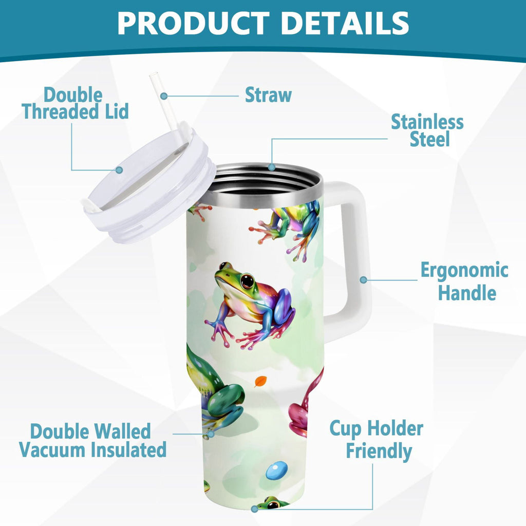 Ryvnso 40 oz Tumbler with Handle and Straw Cartoon Frogs Green Insulated Stainless Steel Travel Mug with Lid