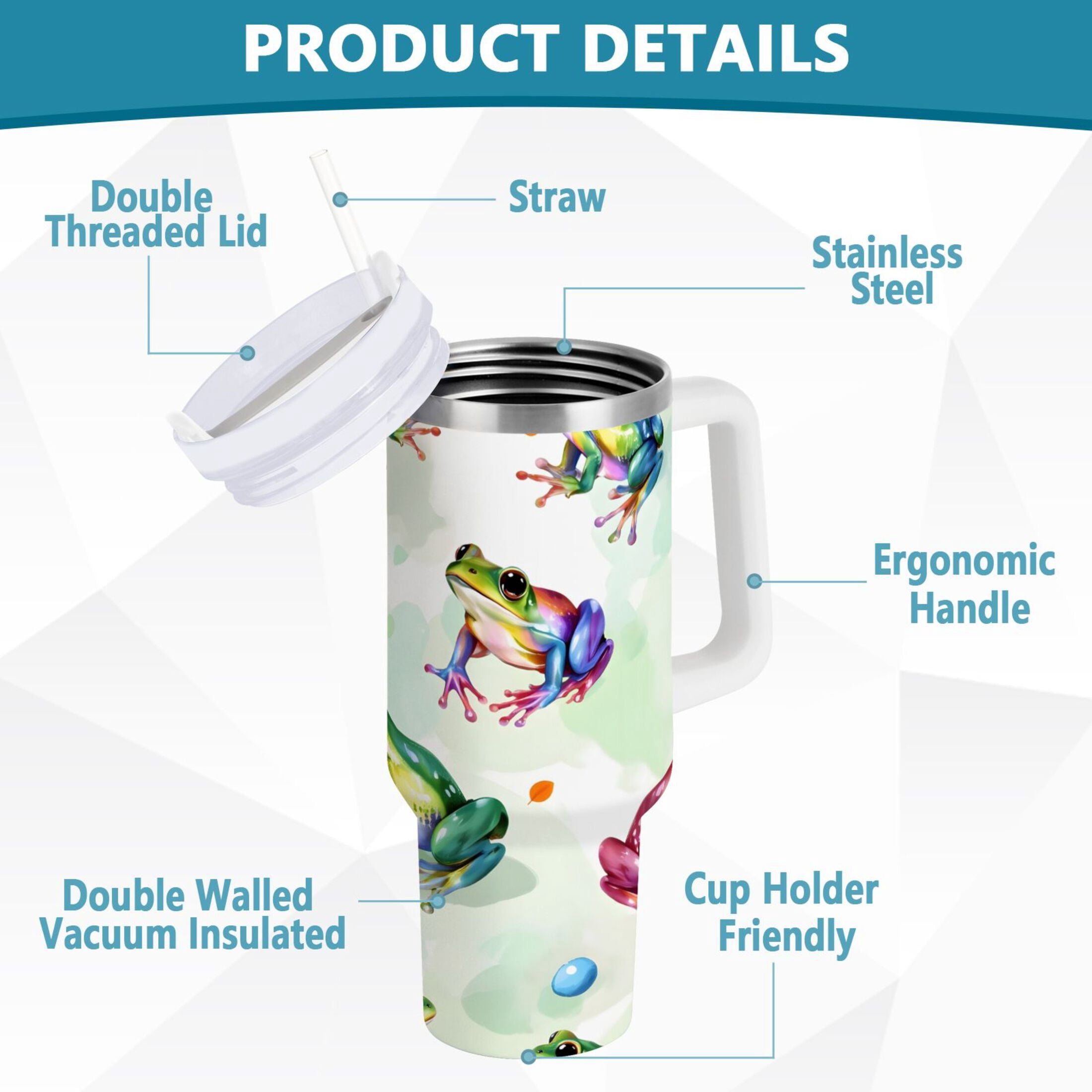 Ryvnso 40 oz Tumbler with Handle and Straw Cartoon Frogs Green Insulated Stainless Steel Travel Mug with Lid