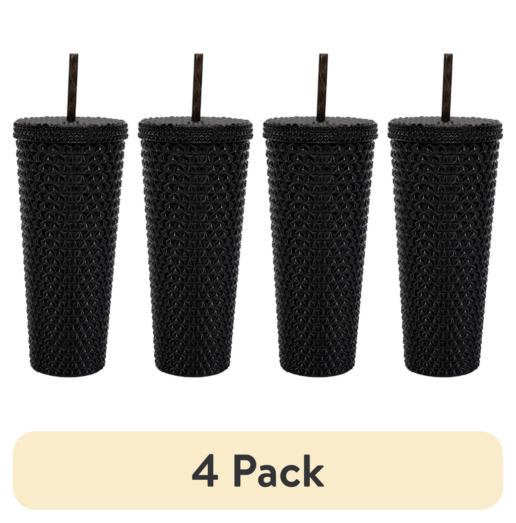 (4 pack) Mainstays 26-Ounce Capacity Plastic Double Wall Insulated Iridescent Textured Tumbler with Straw, Black