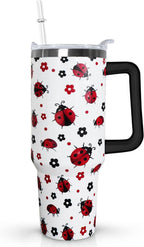 40 Oz Ladybug Tumbler With Handle - Coffee Travel Mug Cup Water Bottle, Strawberry Decor - Gifts for Women