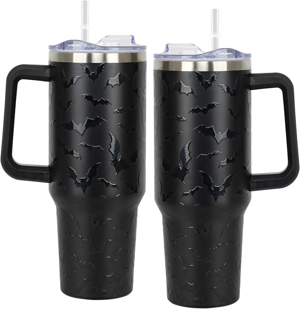 40 oz Halloween Tumbler with Lid and Straw - 5D Bat Print Tumblers with Handle Halloween Stainless Steel Insulated Travel Cup Black Coffee Cups Gifts for Women Men Adults