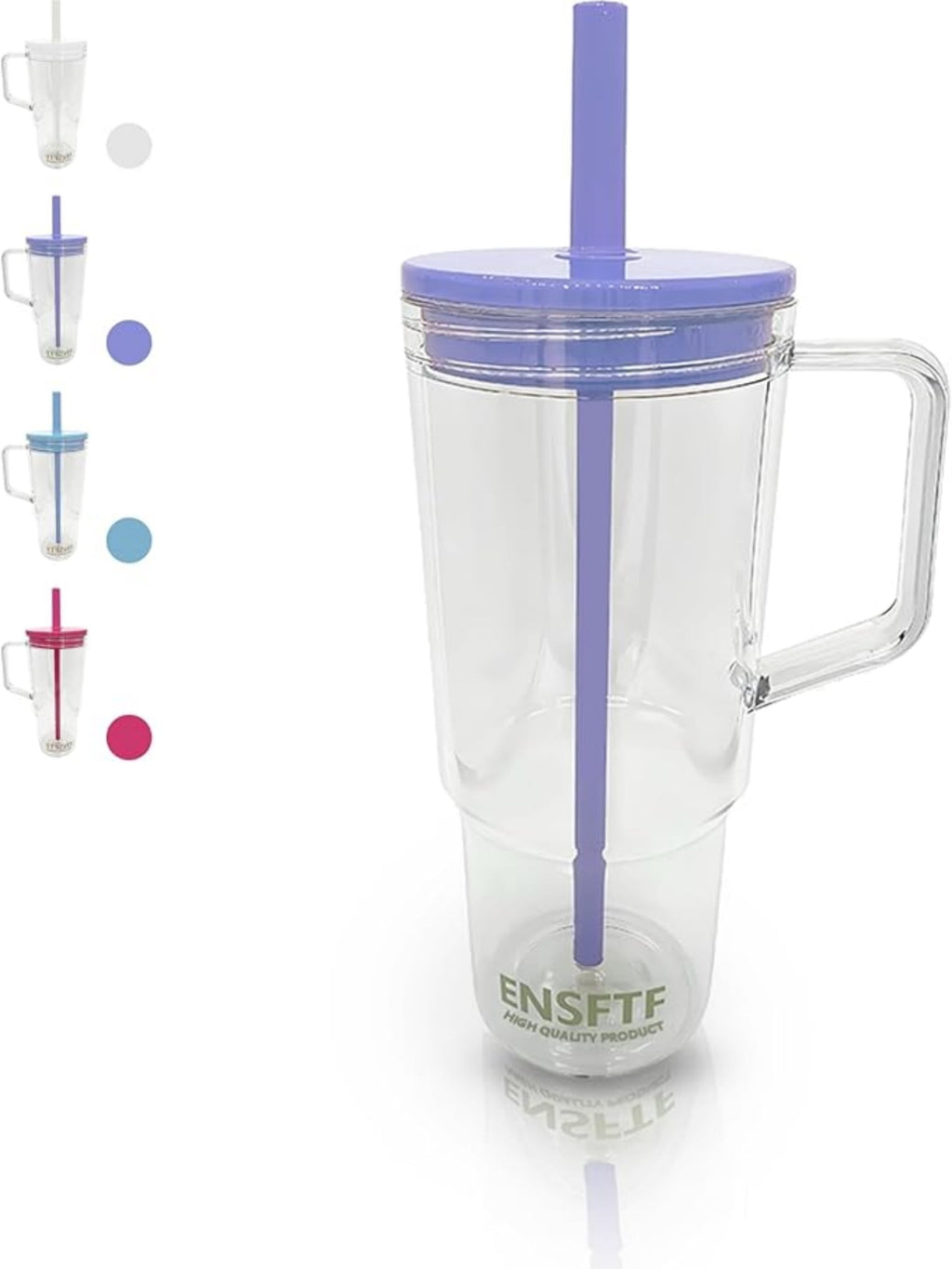 40 oz Insulated Clear Tumbler with Handle, Lid, and Straw — Reusable, Suitable for Hot & Cold Drinks, Double-Walled Plastic Water Bottle | Crystal Clear | Purple
