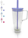 40 oz Insulated Clear Tumbler with Handle, Lid, and Straw — Reusable, Suitable for Hot & Cold Drinks, Double-Walled Plastic Water Bottle | Crystal Clear | Purple