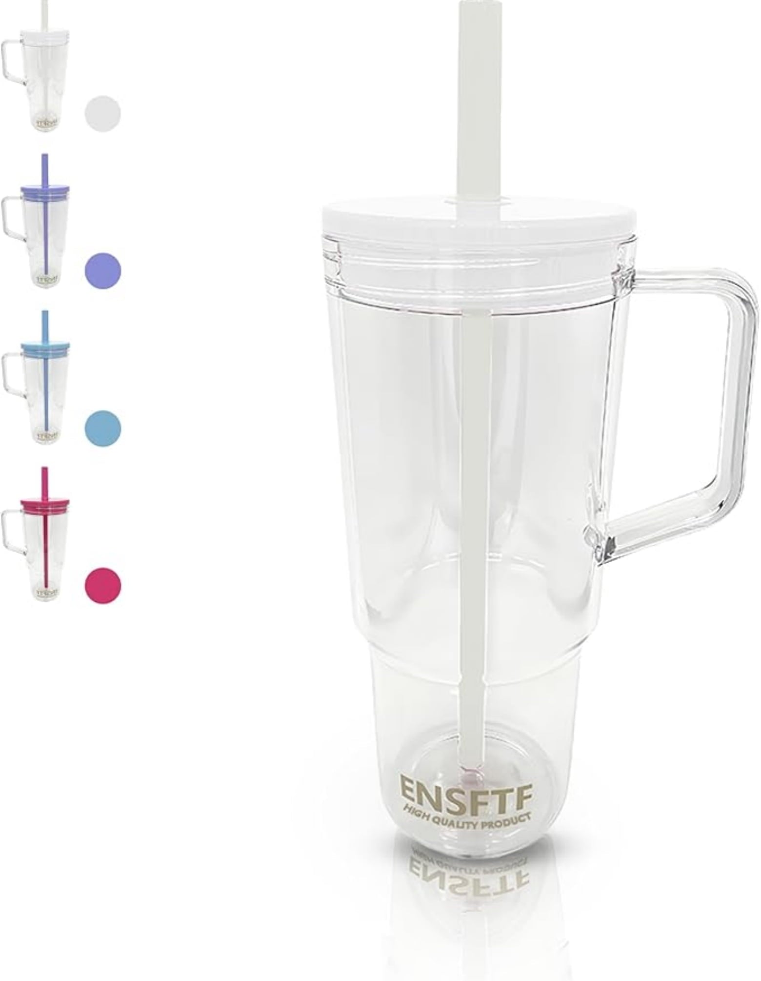 40 oz Insulated Clear Tumbler with Handle, Lid, and Straw | Reusable | Suitable for Hot & Cold Drinks | Double-Walled Plastic Water Bottle | Leak-Proof | BPA-Free | White