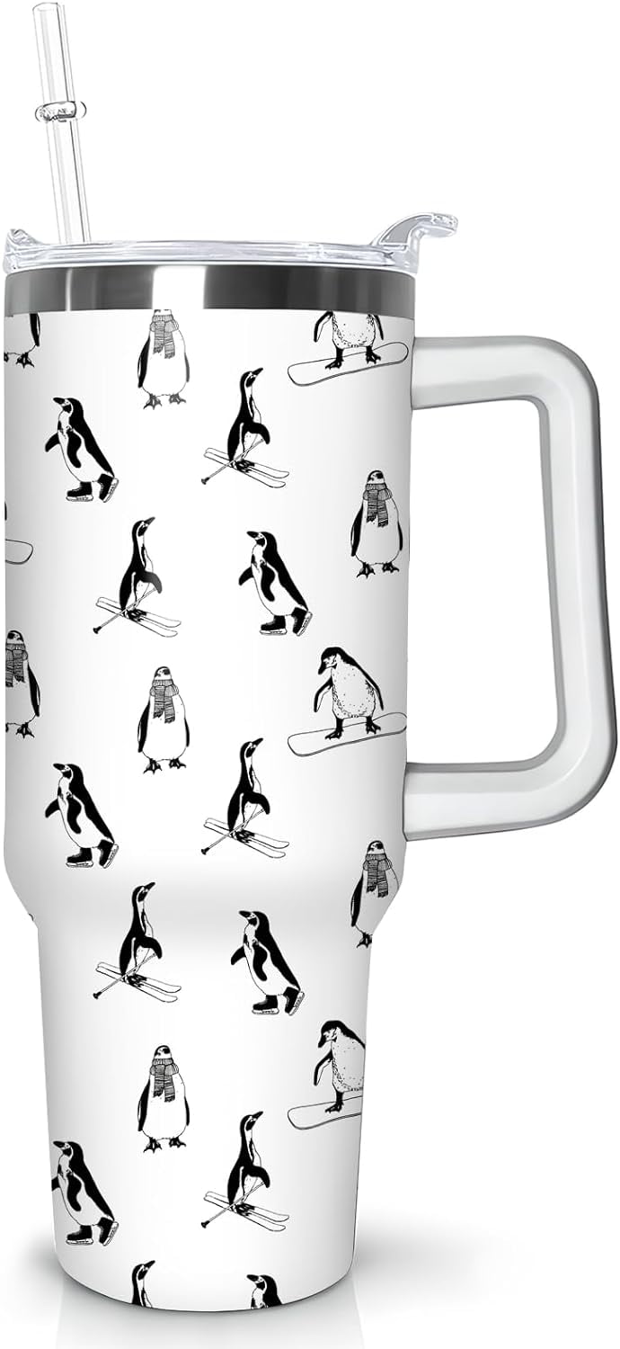 40 oz Penguin Tumbler with Handle Gifts for Penguin Lover 40oz Stainless Steel Travel Cup Mug Water Bottle - Tumbler