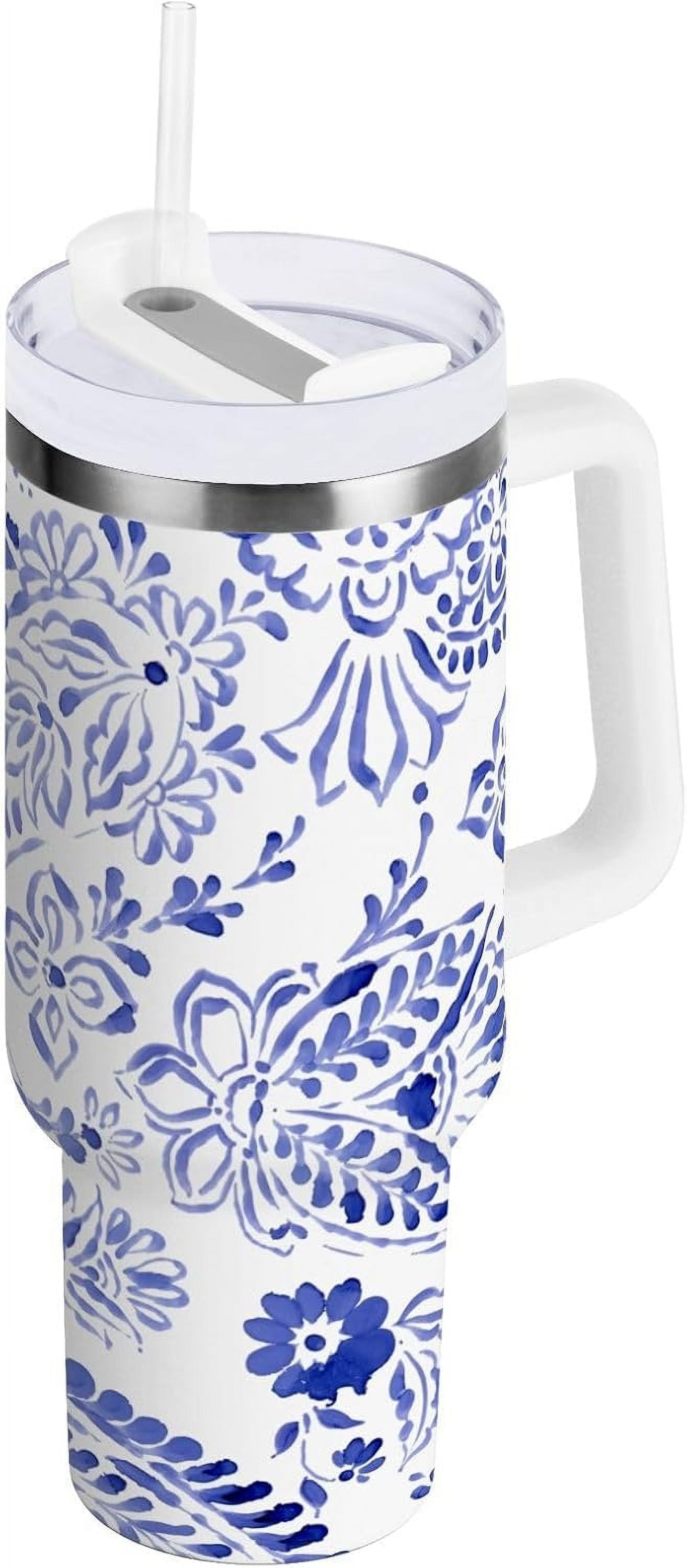 40 oz Tumbler with Handle Lid and Straw Insulated Water Tumbler Stainless Steel Water Cup Mug Bottle Reusable Cup Holder Friendly Polka Dot White - Tumbler