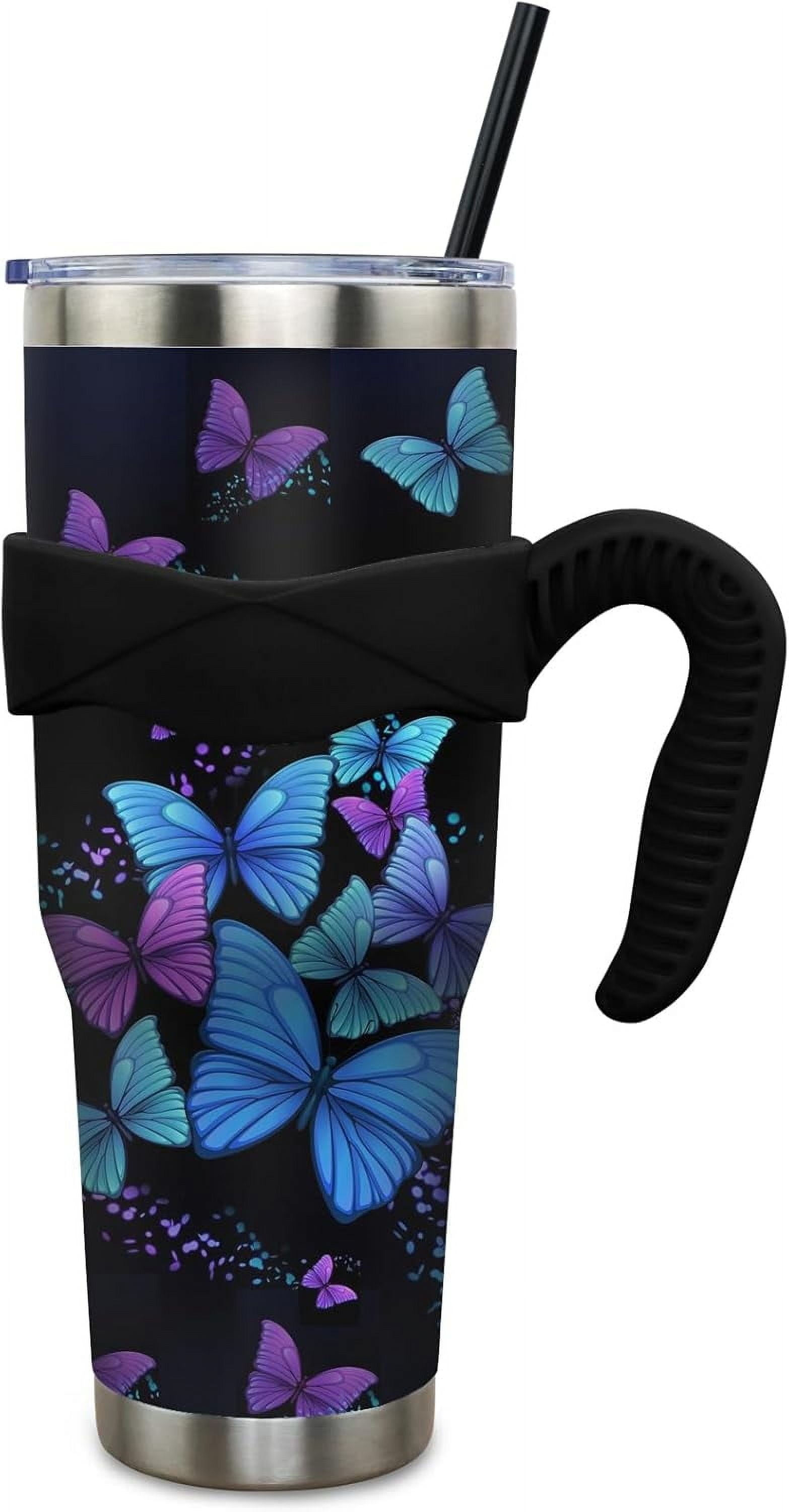 40 oz Tumbler with Handle and Straw 40 oz Butterfly Cup Insulated Stainless Steel Coffee Travel Mug Spill Proof Leak Proof Slim 40oz Tumbler with Handle Butterfly Decor Stuff Gifts for Women