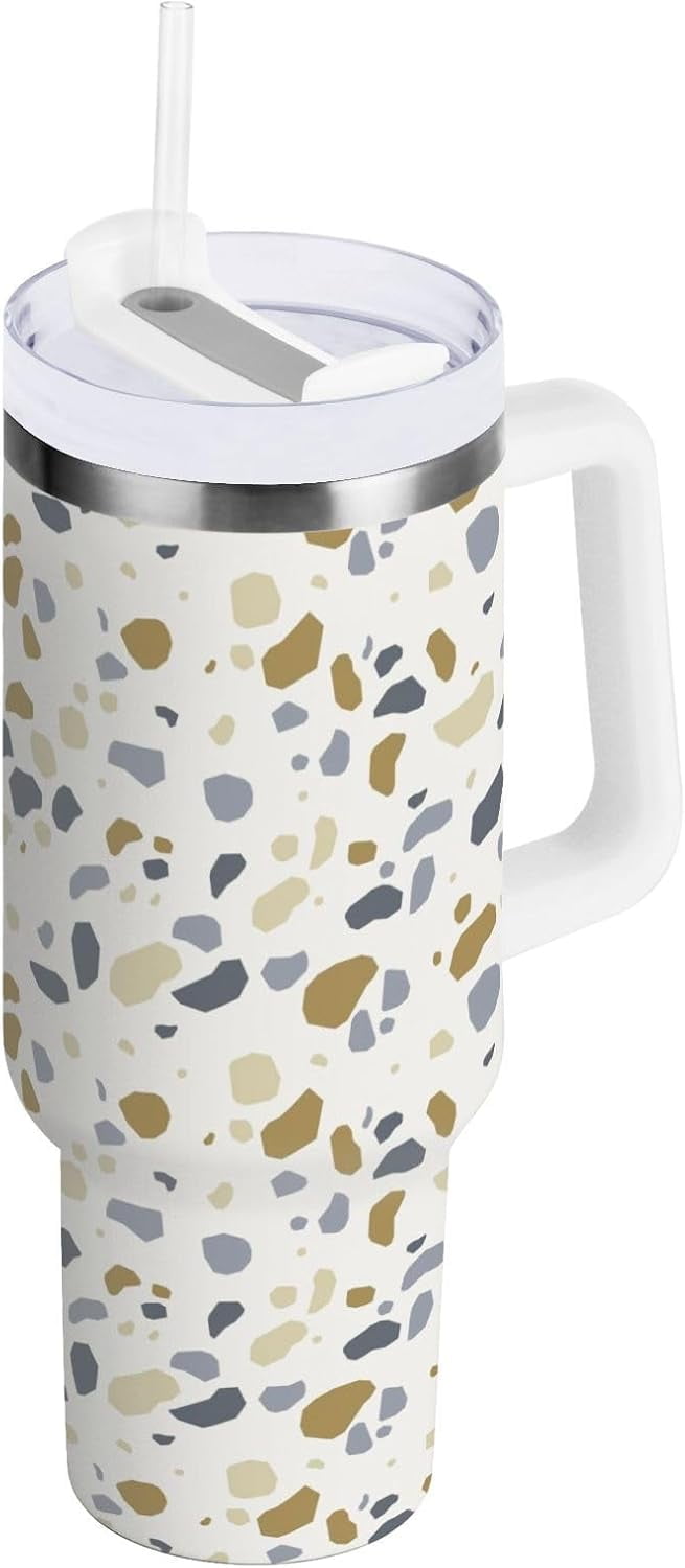 40 oz Tumbler with Handle Lid and Straw Insulated Water Tumbler Stainless Steel Water Cup Mug Bottle Reusable Cup Holder Friendly Polka Dot White - Insulated Tumbler
