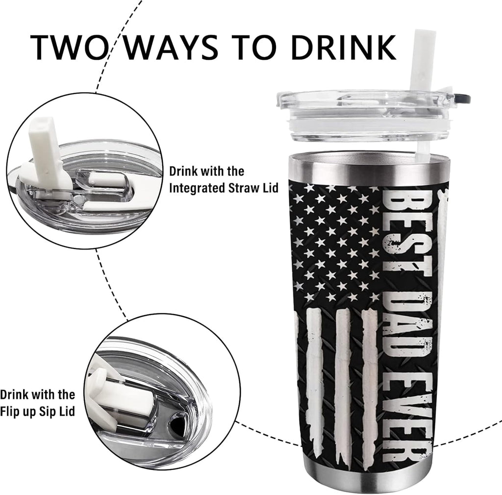 Best Dad Ever Insulated Vacuum Tumbler with Lid, Father''s Day Gifts for Dad Papa Grandpa, Mechanic Toolbox American Flag Funny Stainless Steel Double Wall Cup, 20 oz Travel Detachable Straw Mug