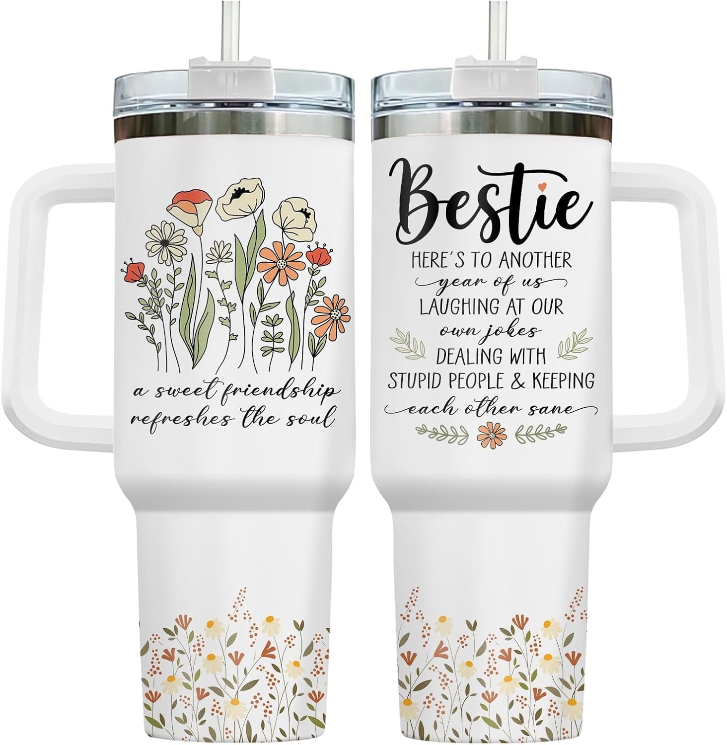 40oz Sunflower Tumbler with Handle and Straw, Shiny Stainless Steel Insulated Cup with Lid and Straw, Travel Coffee Mug Water Bottle, Birthday Mothers Day Gifts for Women Men Flowers Lovers - Insulated Tumbler