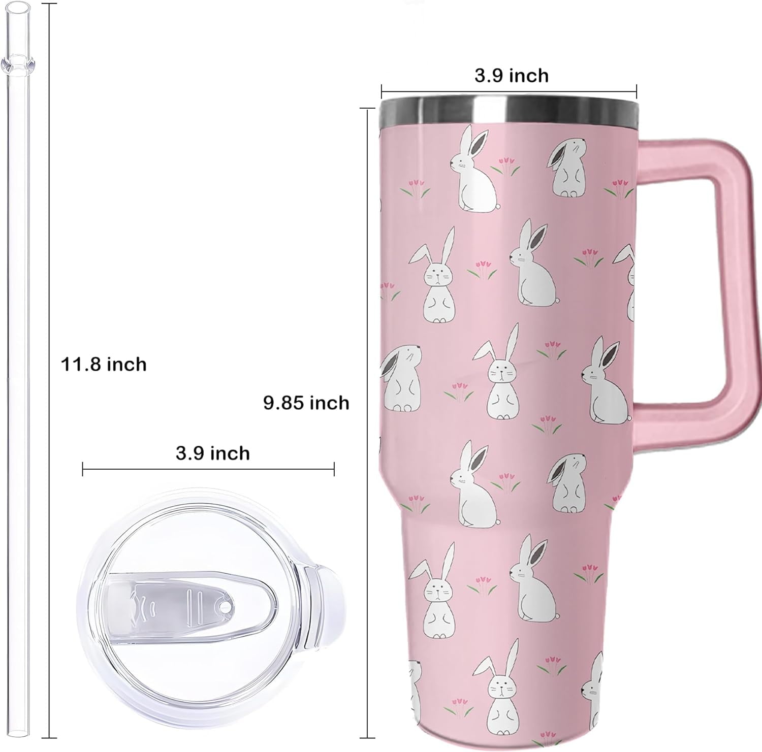 40oz Easter Bunny Tumbler with Handle and Straw, Rabbit Stainless Steel Travel Mug Water Bottle, Vacuum Insulated Cup, Gifts for Women Bunny Lovers - Insulated Tumbler