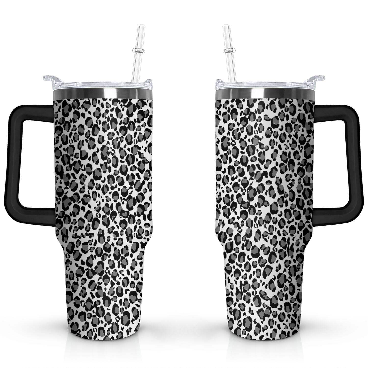 40oz Fashion Leopard Pattern Stainless Steel Flip Straw Tumbler Spill Proof Travel Cup Double Wall Vacuum Insulated Coffee Mug with Top Handle - Tumbler