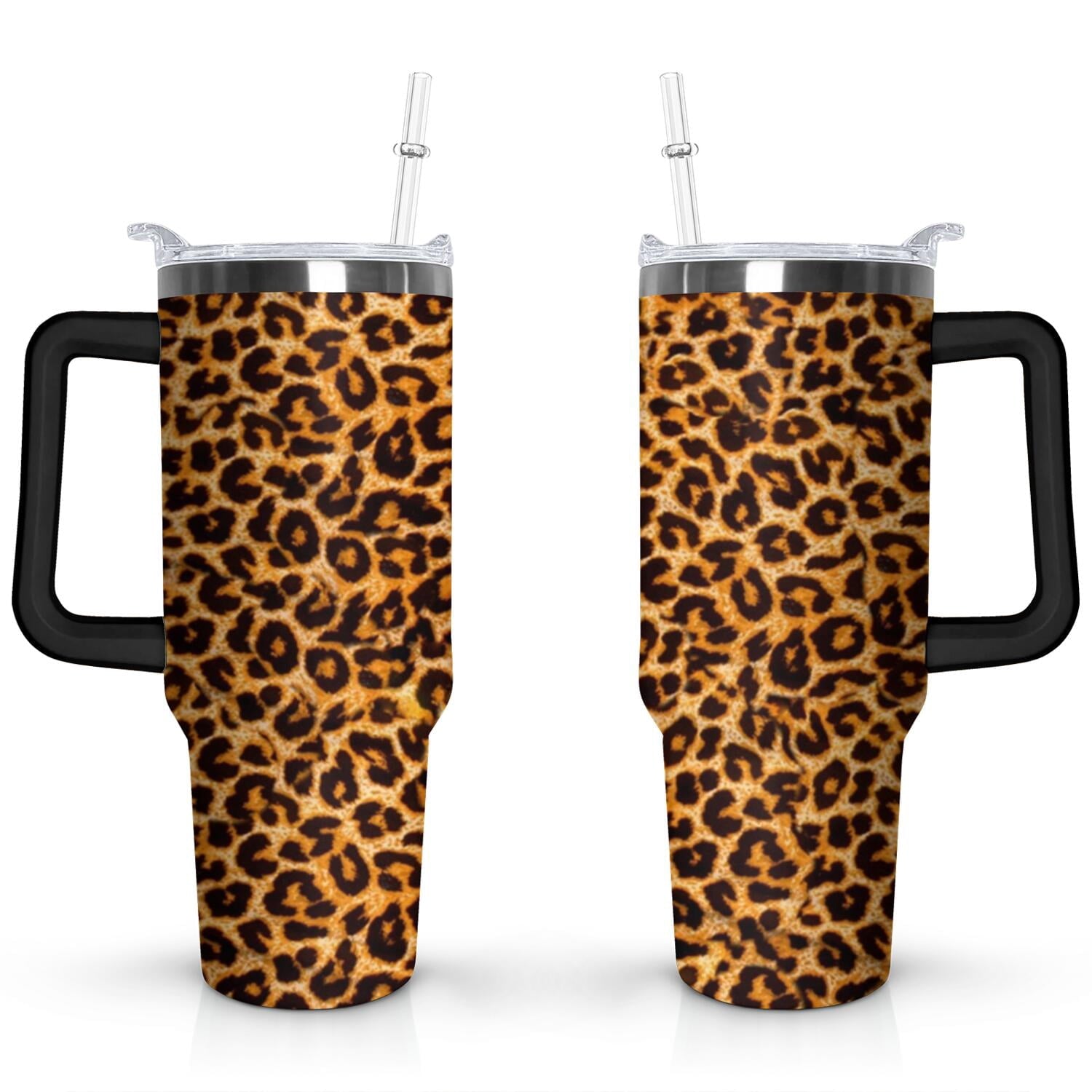 40oz Fashion Leopard Pattern Stainless Steel Flip Straw Tumbler Spill Proof Travel Cup Double Wall Vacuum Insulated Coffee Mug with Top Handle - Tumbler