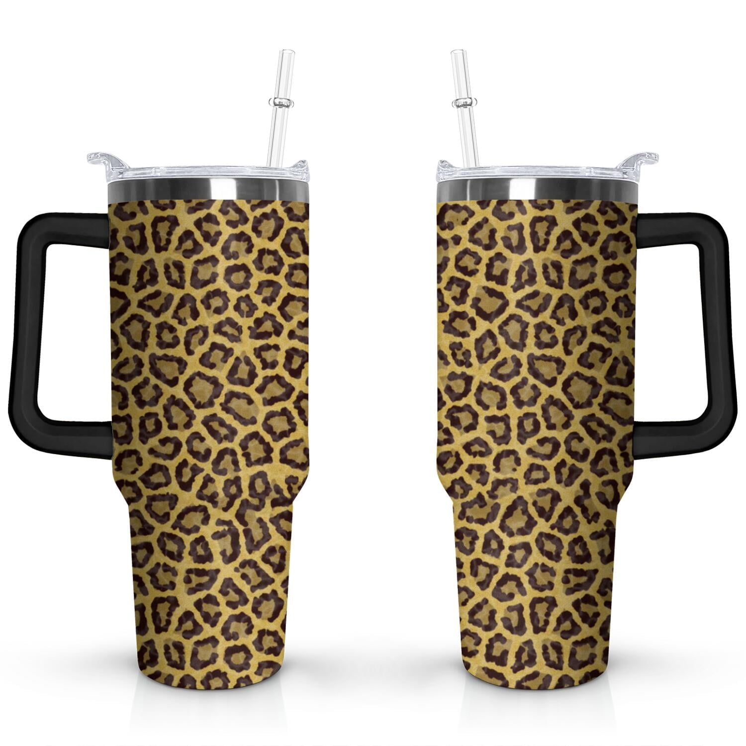 40oz Fashion Leopard Pattern Stainless Steel Flip Straw Tumbler Spill Proof Travel Cup Double Wall Vacuum Insulated Coffee Mug with Top Handle - Tumbler