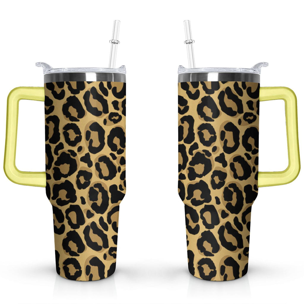 40oz Fashion Leopard Pattern Stainless Steel Flip Straw Tumbler Spill Proof Travel Cup Double Wall Vacuum Insulated Coffee Mug with Top Handle - Insulated Tumbler