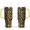 40oz Fashion Leopard Pattern Stainless Steel Flip Straw Tumbler Spill Proof Travel Cup Double Wall Vacuum Insulated Coffee Mug with Top Handle - Insulated Tumbler