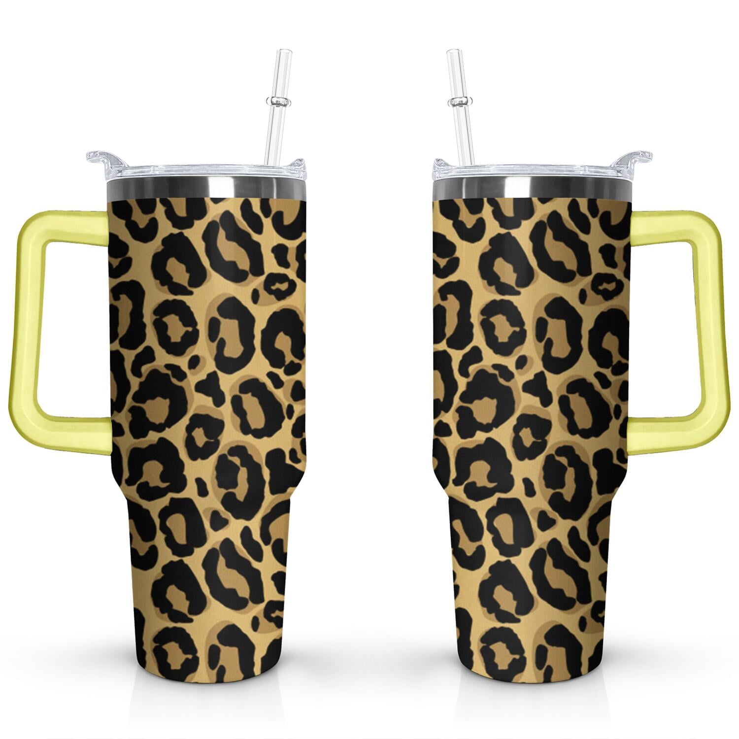 40oz Fashion Leopard Pattern Stainless Steel Flip Straw Tumbler Spill Proof Travel Cup Double Wall Vacuum Insulated Coffee Mug with Top Handle - Insulated Tumbler