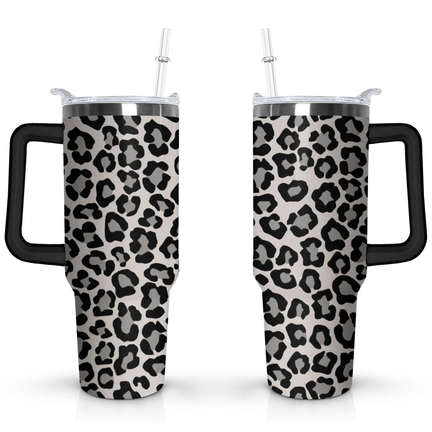 40oz Fashion Leopard Pattern Stainless Steel Flip Straw Tumbler Spill Proof Travel Cup Double Wall Vacuum Insulated Coffee Mug with Top Handle - Insulated Tumbler