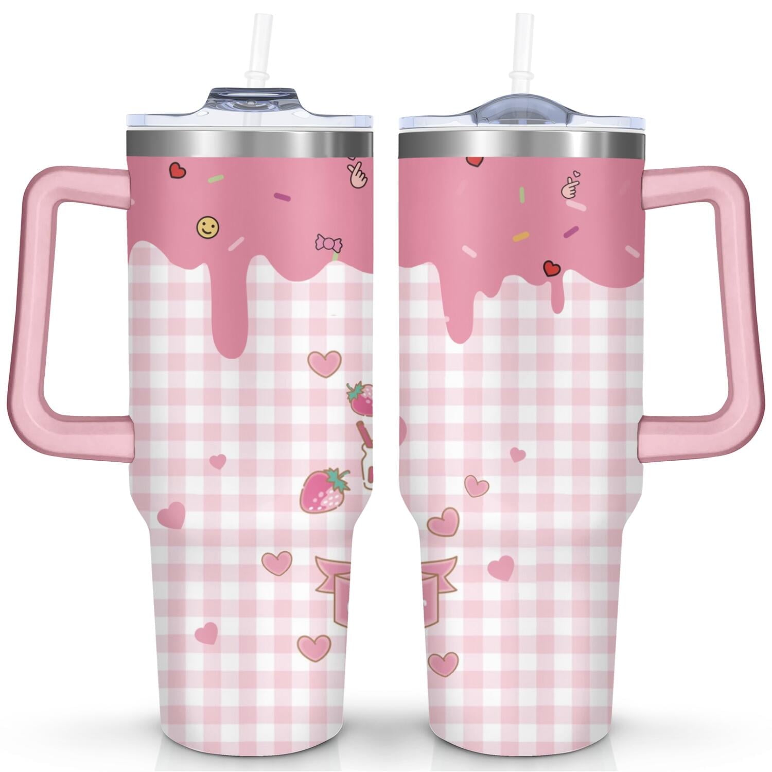 40oz Hello Kawaii Cat Cute Stainless Steel Tumbler with Lid and Straw,Spill Proof Travel Cup Double Wall Vacuum Insulated Coffee Mug with Handle Pink - Tumbler