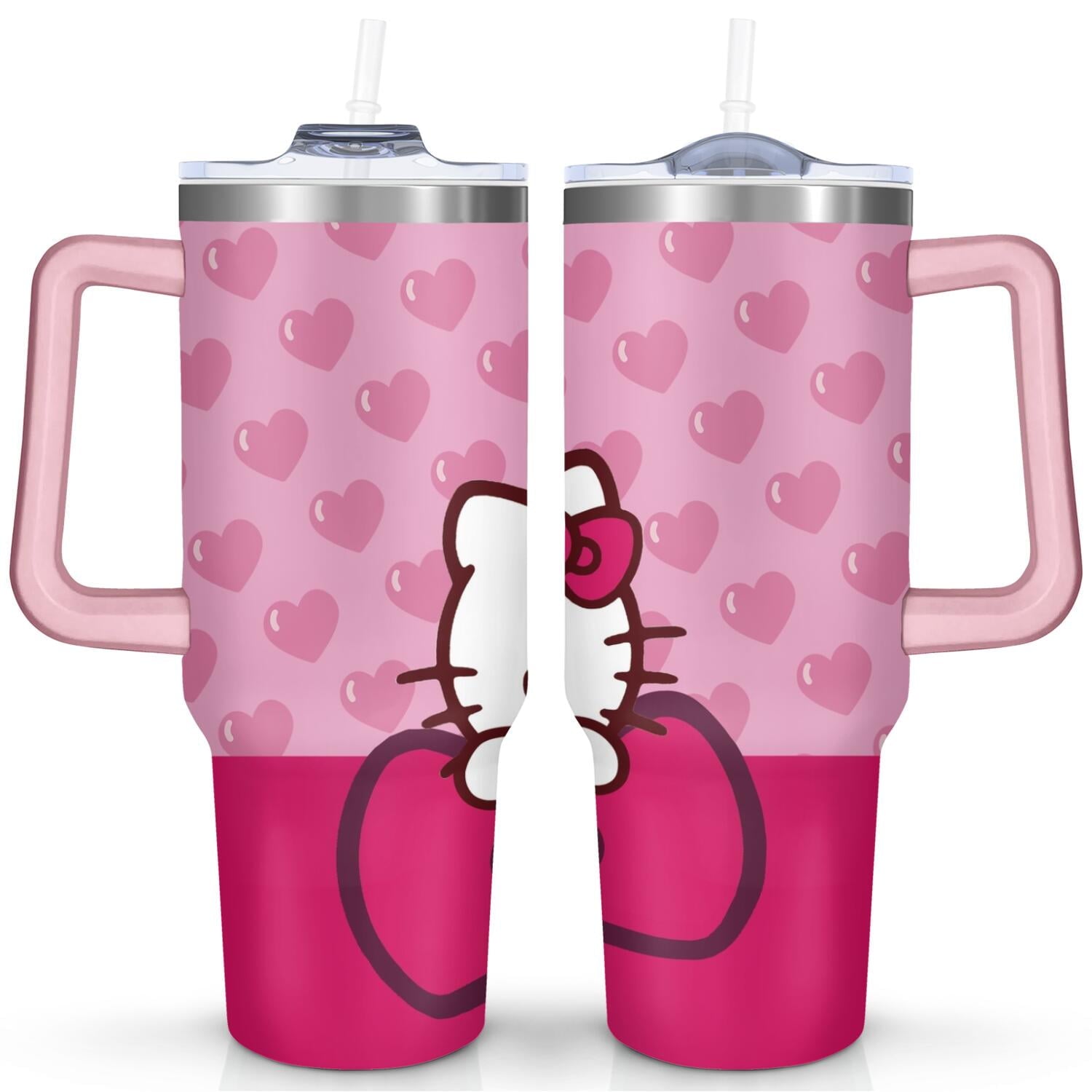 40oz Hello Kawaii Cat Cute Stainless Steel Tumbler with Lid and Straw,Spill Proof Travel Cup Double Wall Vacuum Insulated Coffee Mug with Handle Pink - Insulated Tumbler