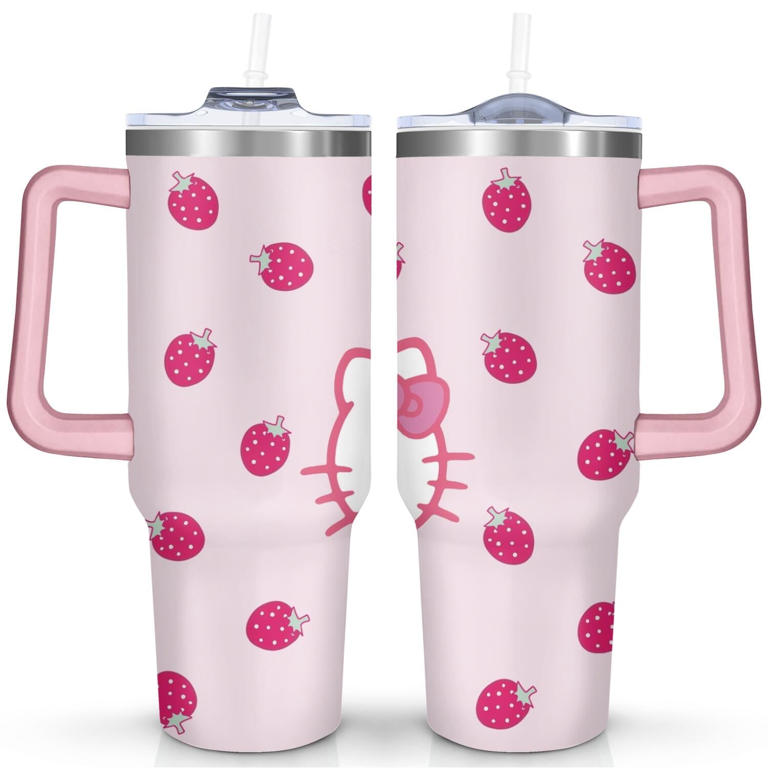 40oz Hello Kawaii Cat Cute Stainless Steel Tumbler with Lid and Straw,Spill Proof Travel Cup Double Wall Vacuum Insulated Coffee Mug with Handle Pink - Insulated Tumbler