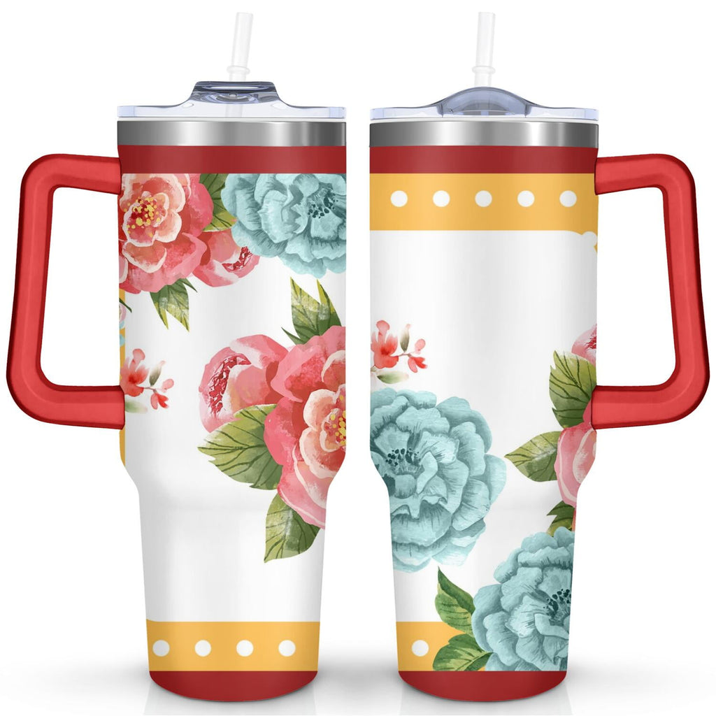 40oz Pioneer Colorful Floral Stainless Steel Flip Straw Tumbler with Lid and Straw Spill Proof Travel Cup Double Wall Vacuum Insulated Coffee Mug with Handle Red - Tumbler