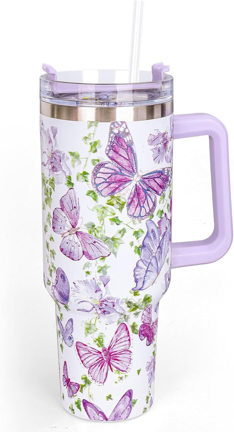 40oz Sunflower Tumbler with Handle and Straw, Shiny Stainless Steel Insulated Cup with Lid and Straw, Travel Coffee Mug Water Bottle, Birthday Mothers Day Gifts for Women Men Flowers Lovers - Insulated Tumbler