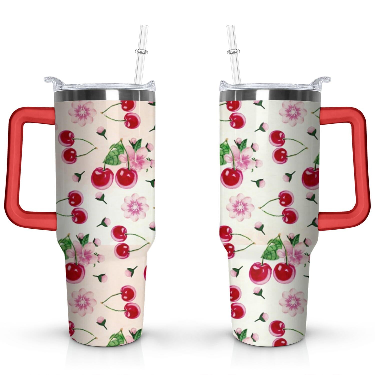 40oz Red Cherry Fruit Pattern Stainless Steel Flip Straw Tumbler Spill Proof Travel Cup Double Wall Vacuum Insulated Coffee Mug with Top Handle - Tumbler