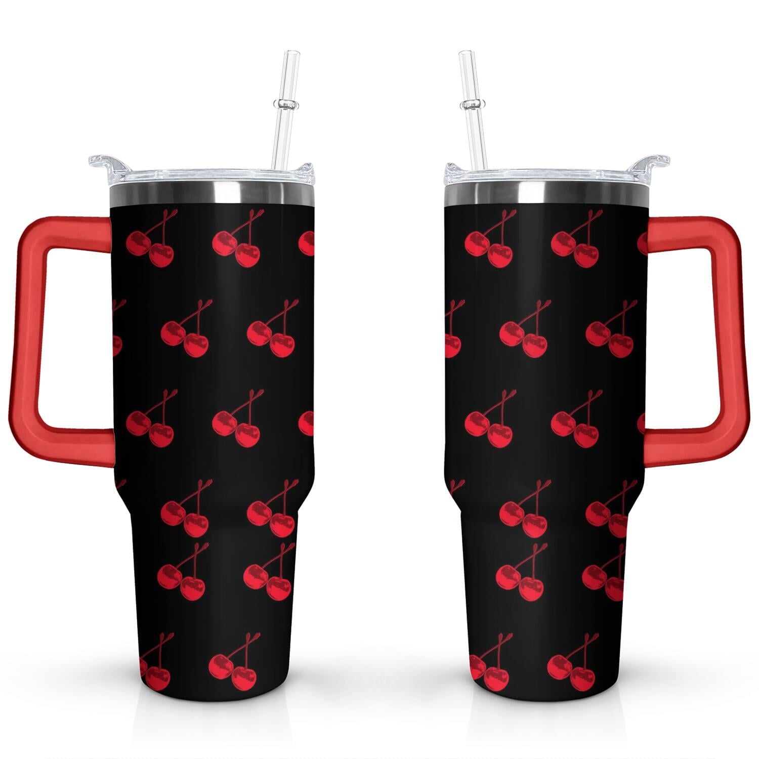 40oz Red Cherry Fruit Pattern Stainless Steel Flip Straw Tumbler Spill Proof Travel Cup Double Wall Vacuum Insulated Coffee Mug with Top Handle - Tumbler