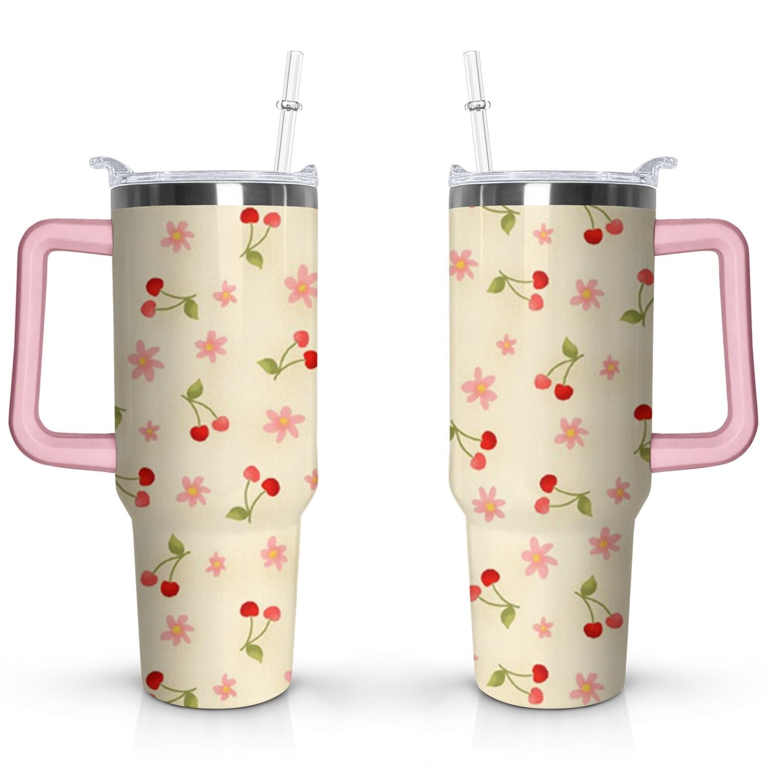 40oz Red Cherry Fruit Pattern Stainless Steel Flip Straw Tumbler Spill Proof Travel Cup Double Wall Vacuum Insulated Coffee Mug with Top Handle - Tumbler