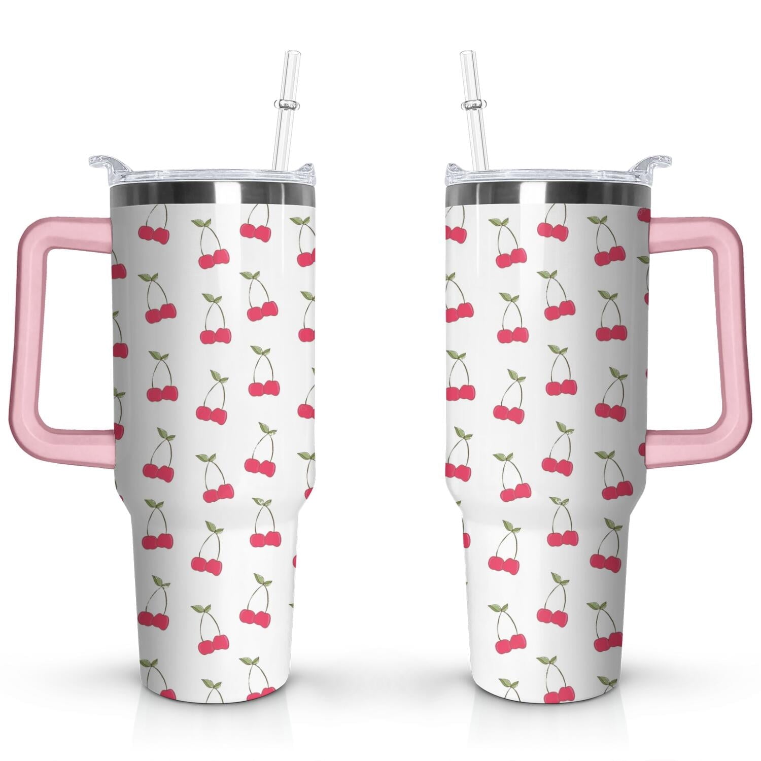40oz Red Cherry Fruit Pattern Stainless Steel Flip Straw Tumbler Spill Proof Travel Cup Double Wall Vacuum Insulated Coffee Mug with Top Handle - Tumbler