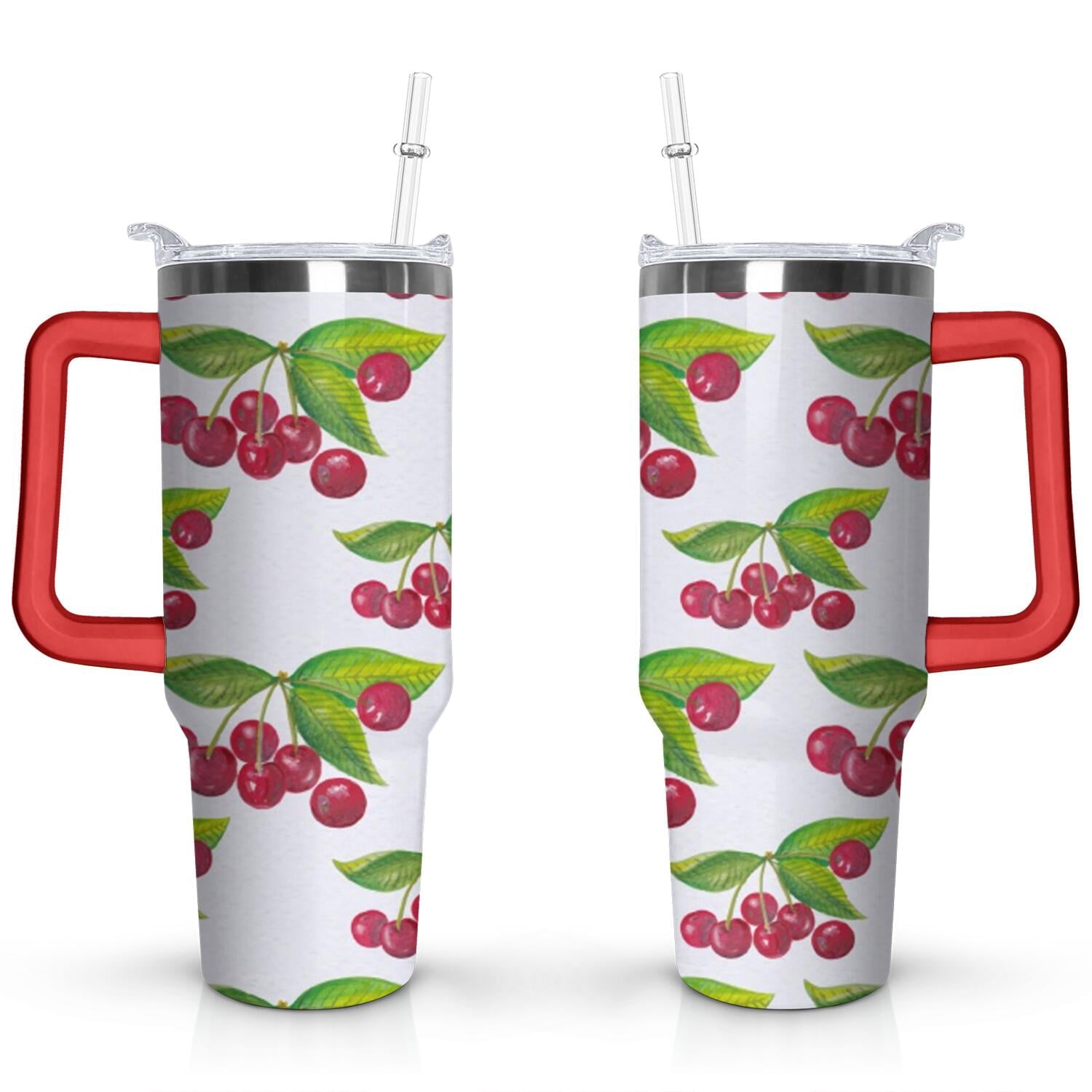 40oz Red Cherry Fruit Pattern Stainless Steel Flip Straw Tumbler Spill Proof Travel Cup Double Wall Vacuum Insulated Coffee Mug with Top Handle - Tumbler