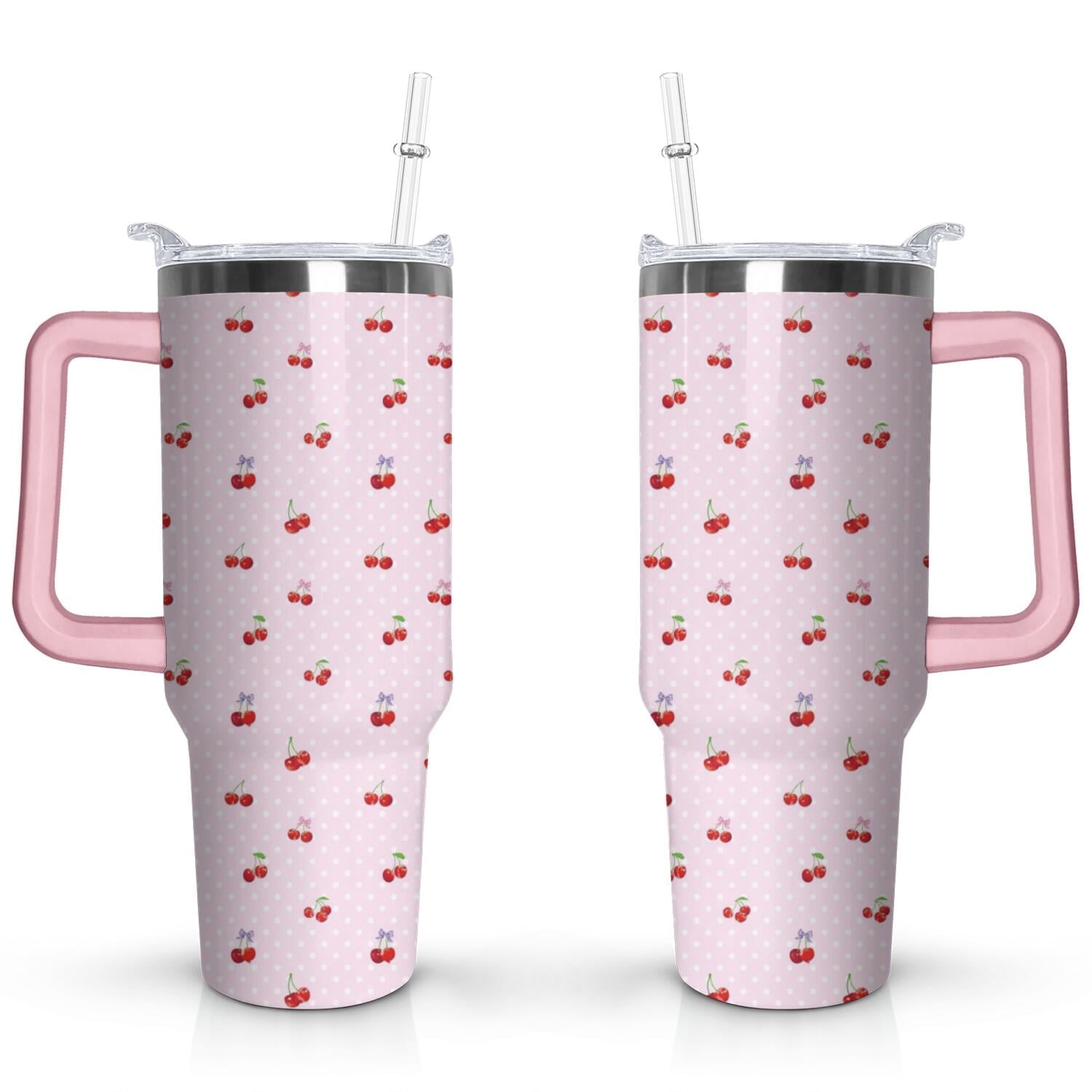 40oz Red Cherry Fruit Pattern Stainless Steel Flip Straw Tumbler Spill Proof Travel Cup Double Wall Vacuum Insulated Coffee Mug with Top Handle - Tumbler