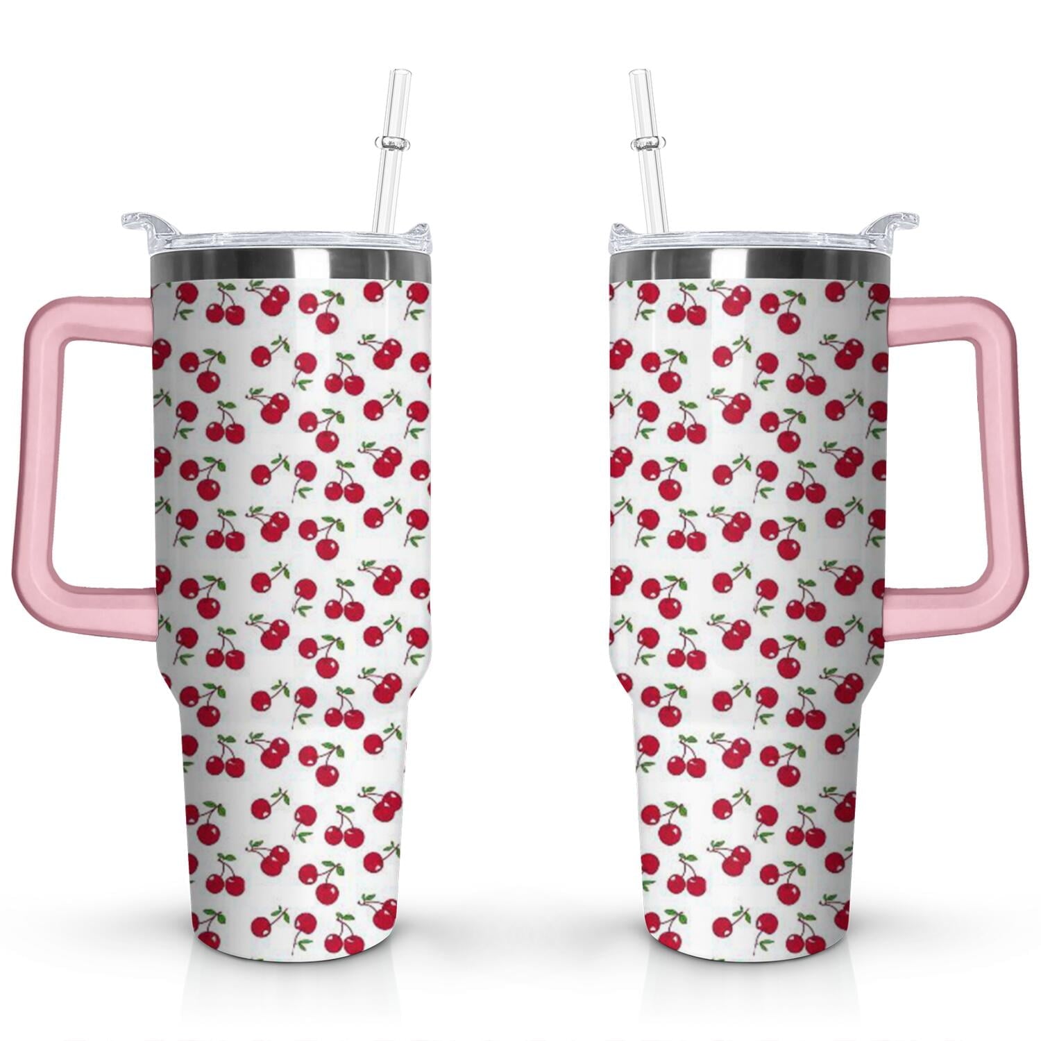 40oz Red Cherry Fruit Pattern Stainless Steel Flip Straw Tumbler Spill Proof Travel Cup Double Wall Vacuum Insulated Coffee Mug with Top Handle - Tumbler