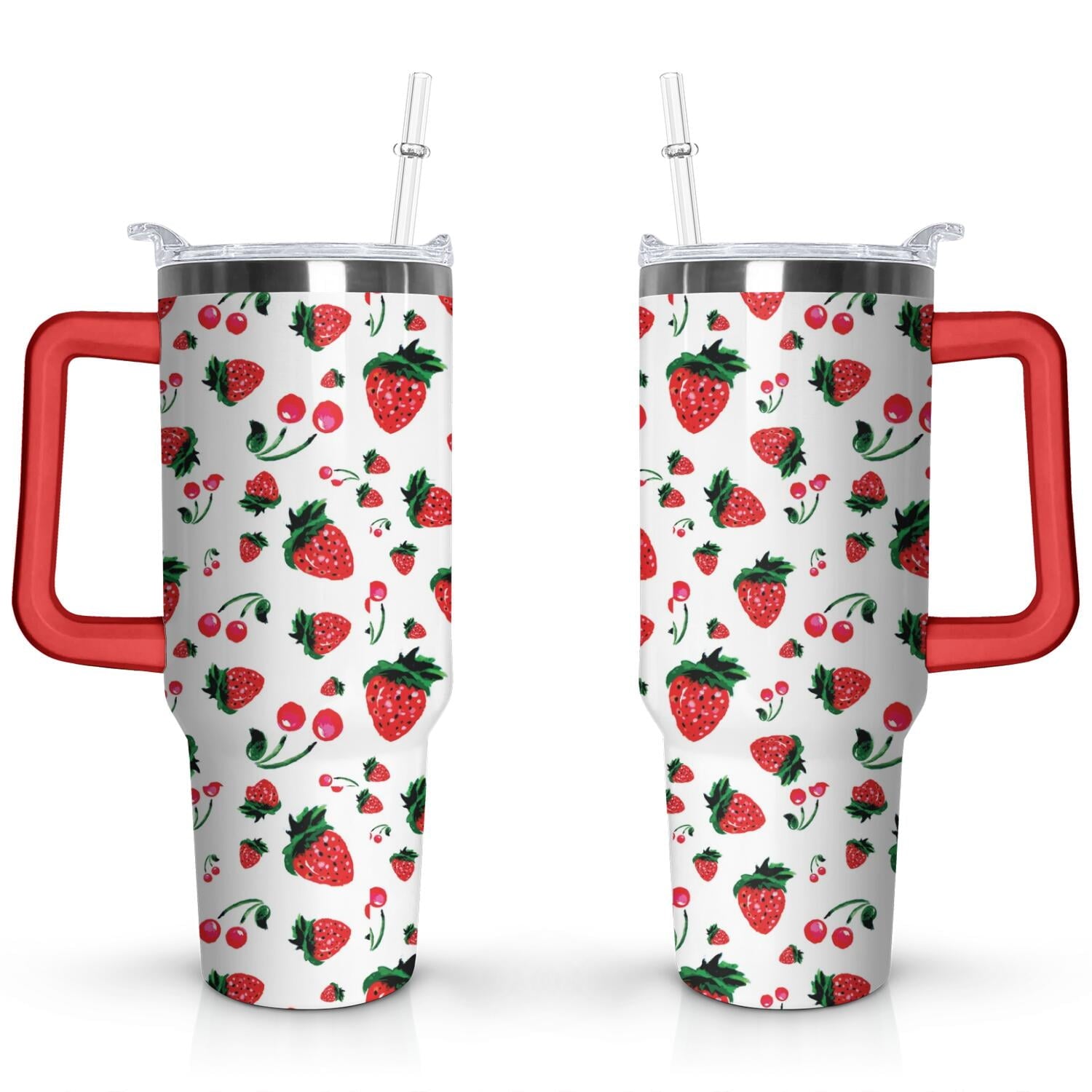 40oz Red Cherry Fruit Pattern Stainless Steel Flip Straw Tumbler Spill Proof Travel Cup Double Wall Vacuum Insulated Coffee Mug with Top Handle - Insulated Tumbler